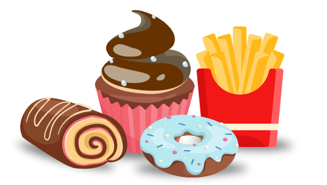 Processed foods including sweet snack cakes and fries.