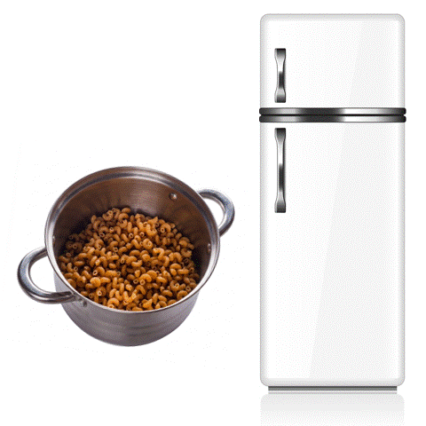 A pot of cooked whole-wheat pasta next to a fridge, with an animated green arrow pointing from the pot to the fridge