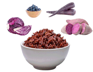 Animated carousel of purple carrots, red cabbage, purple rice, purple potatoes, and blueberries