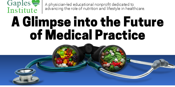 A stethoscope surrounding a pair of binoculars in which a view of colorful vegetables and fruits are visible. The heading above it says A Glimpse Into the Future of Medical Practice.