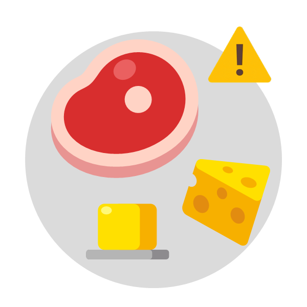 Red meat, butter, and cheese alongside a yellow caution symbol