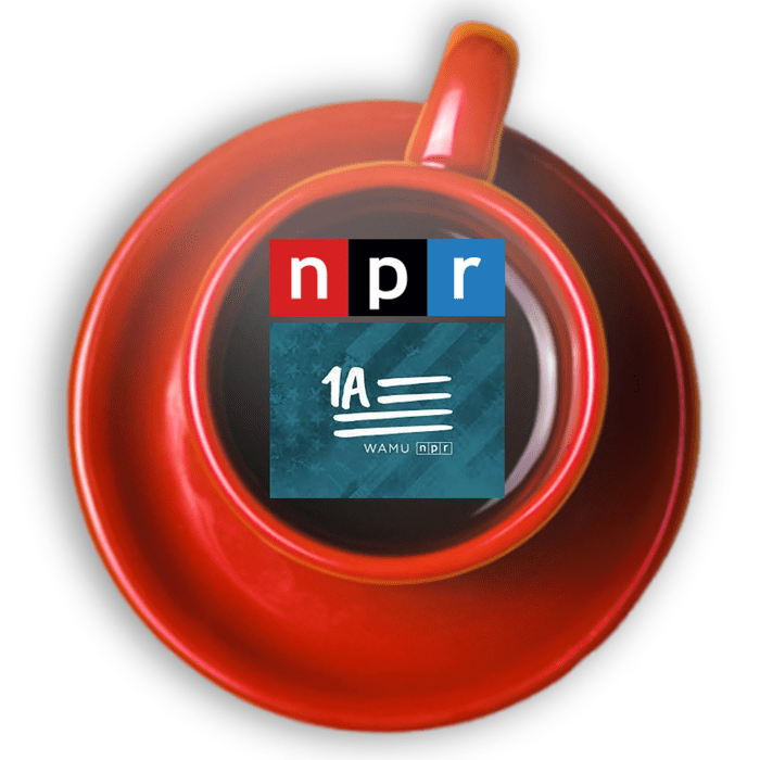 The NPR "1A" logo, overlaid on a red cup containing black coffee