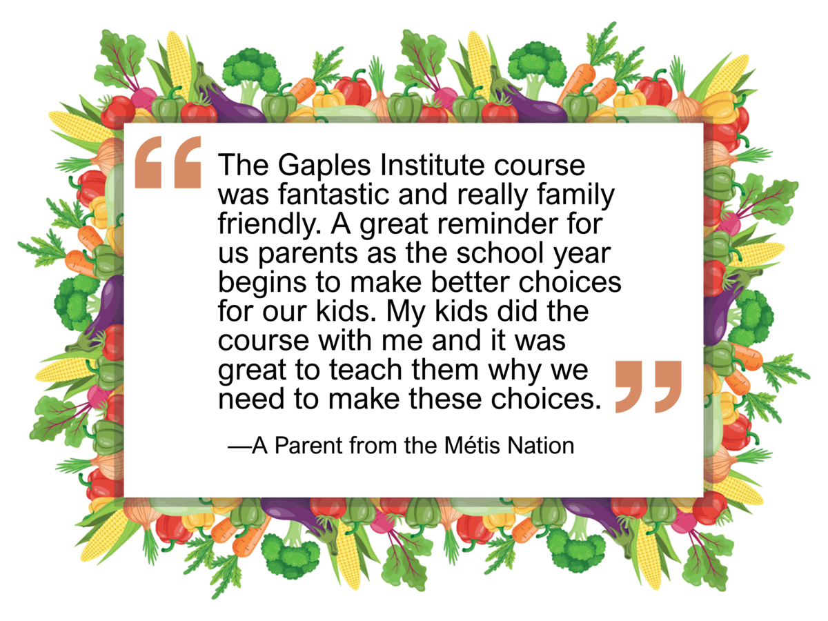A colorful frame of fruits and vegetables surrounds the following quote from a Métis parent. The Gaples Institute course was fantastic and really family friendly. A great reminder for us parents as the school year begins to make better choices for our kids. My kids did the course with me and it was great to teach them why we need to make these choices.