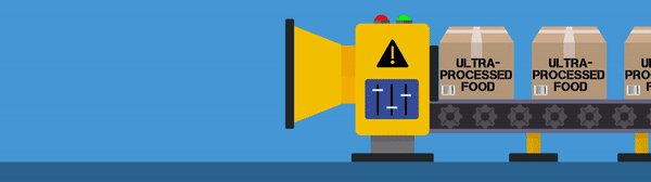 Large yellow industrial machine, with animated items (sugar, salt, additives, and unhealthy oils) flowing in from the left side, and boxes labeled "Ultraprocessed Foods" exiting on a conveyor belt on the right side.