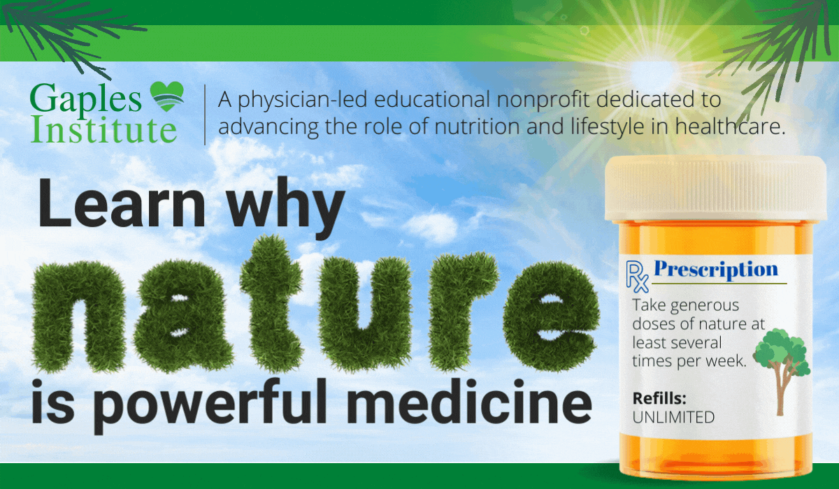 The headline "Learn why nature is powerful medicine" appears next to a prescription bottle that says "Take generous doses of nature at least several times per week." Animated tree branches in the background are gently moving in the breeze.