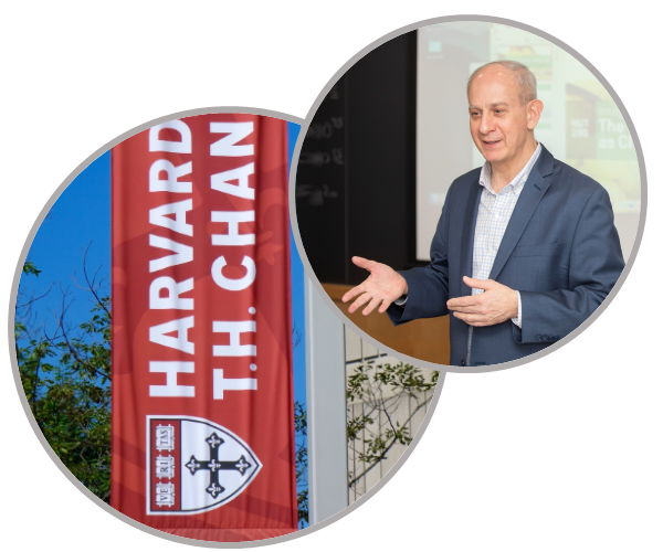 Dr. Devries speaking to his class at Harvard. An inset photo shows a Harvard banner hanging outside of the school of public health.