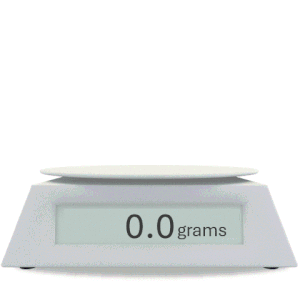 The word "Protein" bounces onto the tray of a food scale whose digital display says "??? grams"