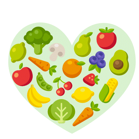Colorful vegetables and fruit arranged in a heart shape, alongside an animated green "thumbs-up" symbol