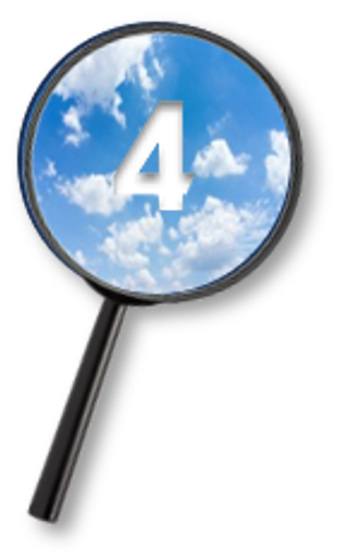 Magnifying glass showing a blue sky and clouds, with a cutout shaped like the number 4.