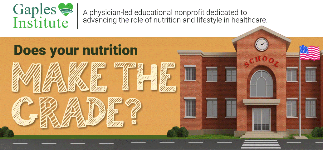 Front entrance of a school. An animated U.S. flag is waving on a nearby flagpole. To the left are the words Does Your Nutrition Make the Grade.