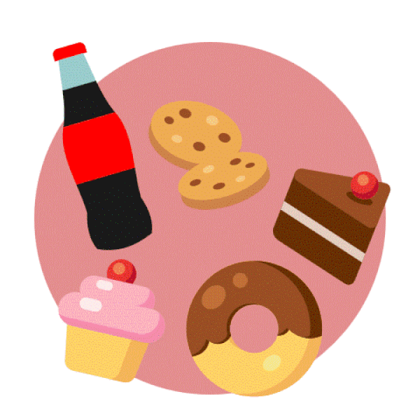 Soda, cookies, and baked goods alongside a red animated "thumbs-down" symbol