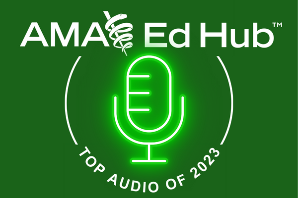 The AMA Ed Hub logo above a glowing neon microphone, with the words "Top Audio of 2023"