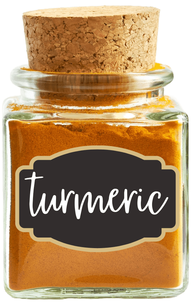 Small glass jar of bright orange spice, labeled "turmeric"