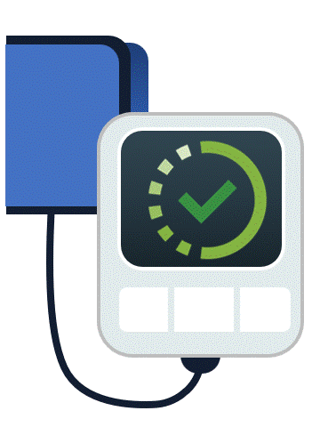 Blood pressure cuff and meter, with an animated green checkmark appearing on the screen