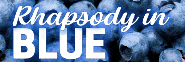 The words "Rhapsody in Blue" appear on a background of animated blueberries