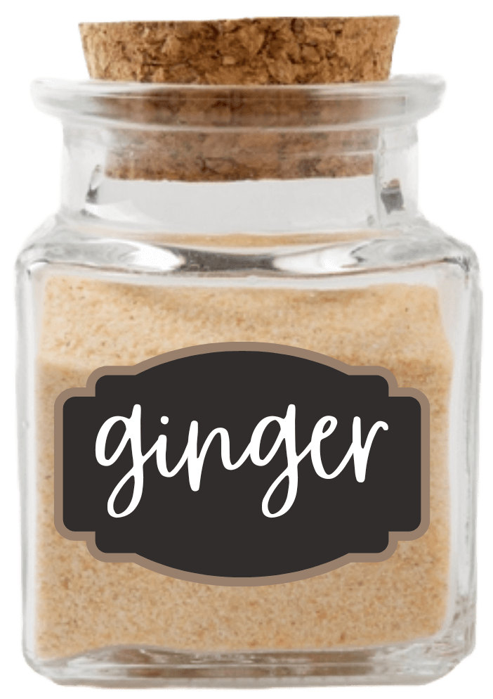 Small glass jar of tan-colored spice, labeled "ginger"