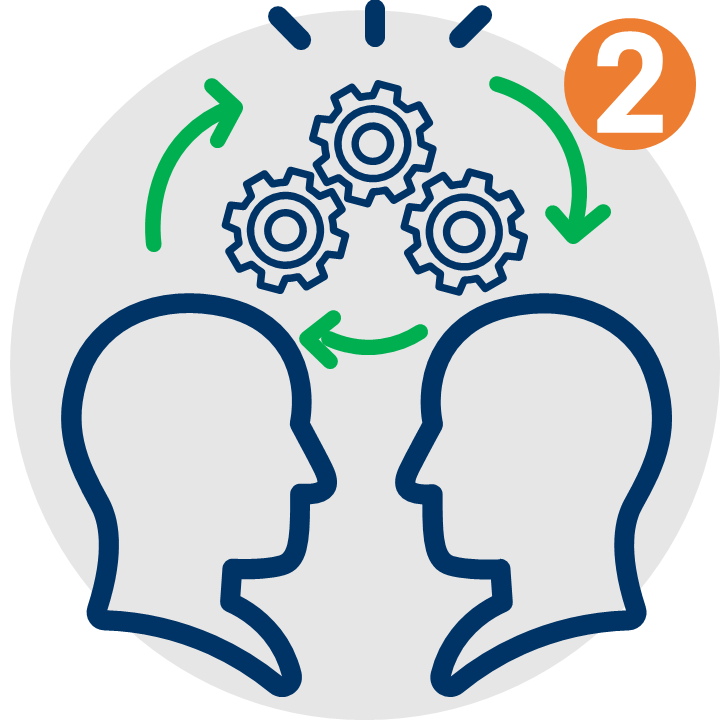 Silhouette of two people with rotating gears above their heads, symbolizing collaborative communication