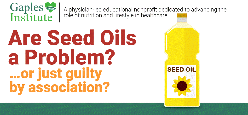 A bottle of seed oil with 2 arrows pointing left and right. The left arrow points to an animated array of processed snack foods such as fries and cupcakes. The right arrow points to a bottle of salad dressing and a fresh salad. 