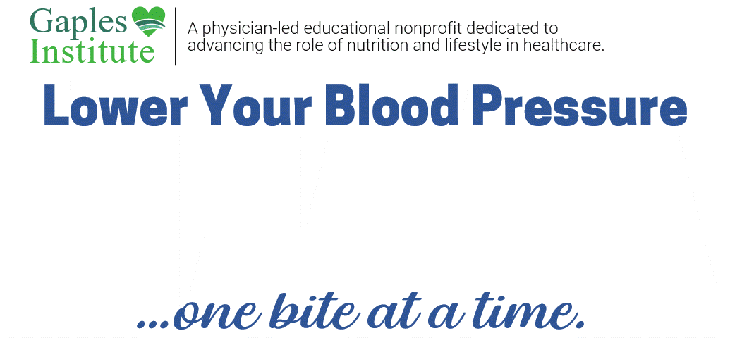 An animated heartbeat EKG waveform forms the shape of a heart, and a spoon and fork fall into view alongside. A headline reads "Lower Your Blood Pressure One Bite at a Time."
