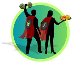 Silhouettes of two superheroes wearing capes and triumphantly holding vegetables and fruit