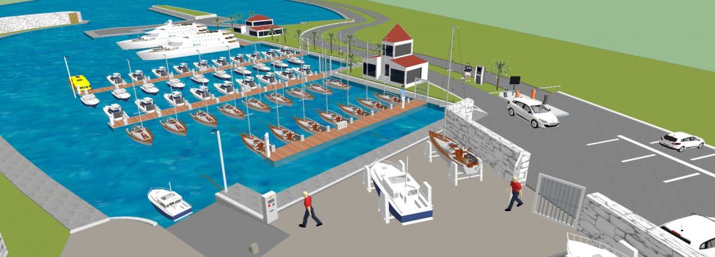 Illustration of a marina with boats and a parking lot