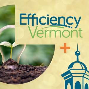 Efficiency Vermont logo and VLCT Cupola logo on a yellow background with an photo of a lightbulb planted in dirt with a sprout in the bulb