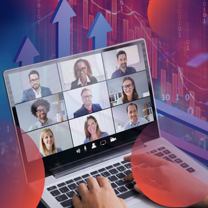person typing on laptop. 9 people are on a video meeting screen. Purple blue and orange background colors