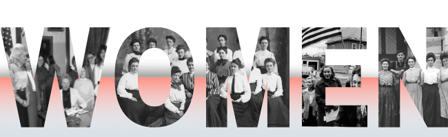 The word WOMEN spelled out with images of women from vermont history