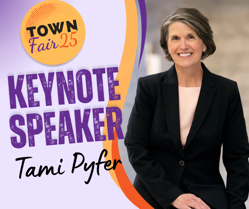 Keynote Speaker Tami Pyfer photo with Town Fair 25 logo
