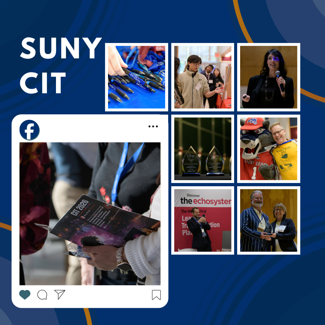 SUNY CIT Facebook photo collage featuring merchandise, the Stoney Brook mascot. vendors, speakers and award recipients 