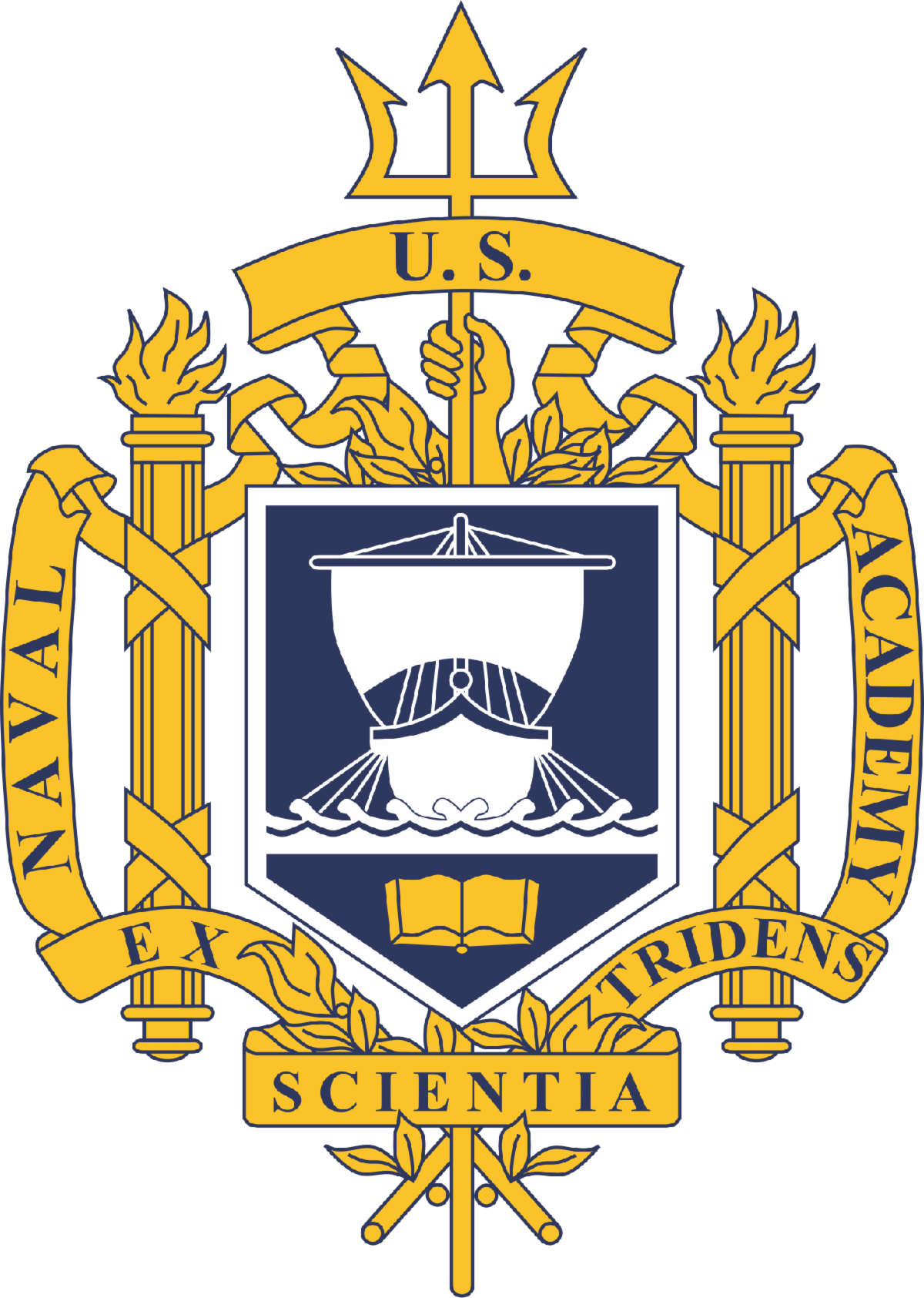 logo of the US Naval Academy with white ship in blue square with gold scrolling and blue text of institutional motto