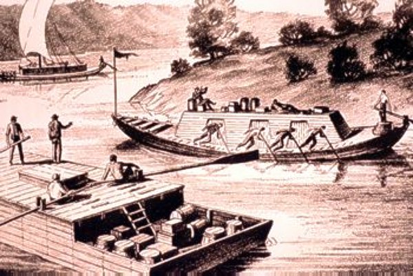ink drawing of keelboat passing a flatboat