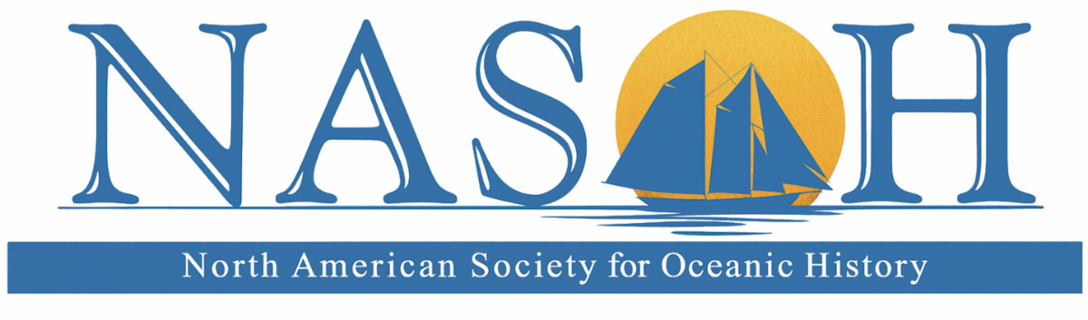 NASOH logo North American Society for Oceanic History blue lettering with a sailing ship silhouette in front of a golden sun