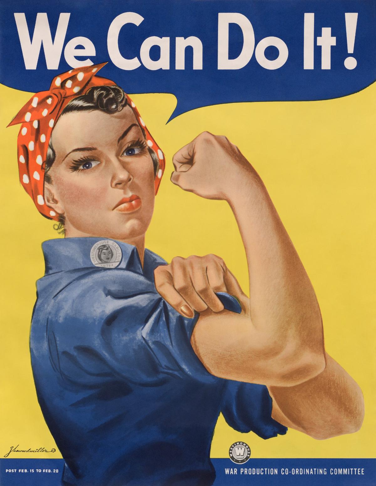 woman in blue coveralls and red and white kerchief flexes her right arm under a slogan We Can Do It
