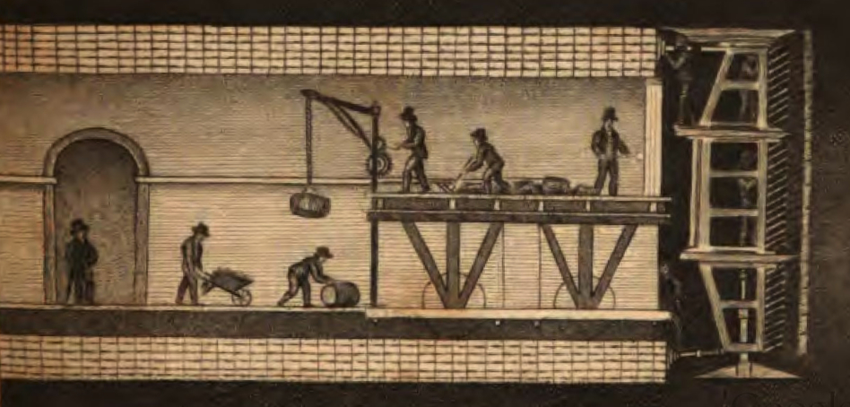 drawing of tunnel workers and tunneling frame
