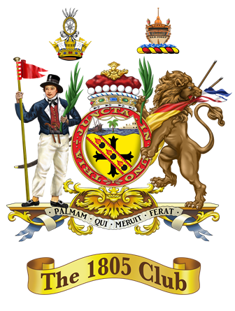 The 1805 Club crest featuring a sailor, a lion, a shield with crossed swords, and the club’s motto and banner.