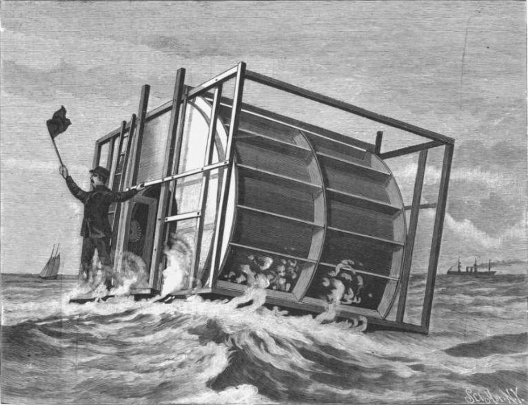 man waving flag and standing aboard paddle roller boat
