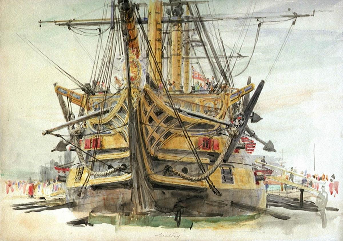 watercolor view of the stern of the 18th century warship HMS Victory showing its ornate yellow and black hull carved gallery and rigging seen from dockside figures and ship masts appear in the background under a hazy sky painting by William Lionel Wyllie circa 1925
