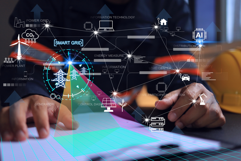 visual representation of working concept of a smart electricity grid. Icons for homes, cars, AI, solar and ag.