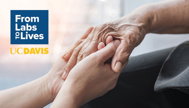 Pair of hands holding eachother. Text overlay says "from labs to lives"