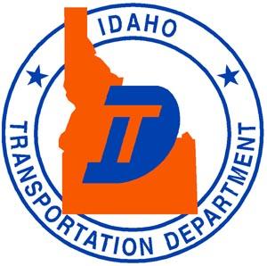 Circle with text "Idaho Transportation Department"and orange Idaho in the center.