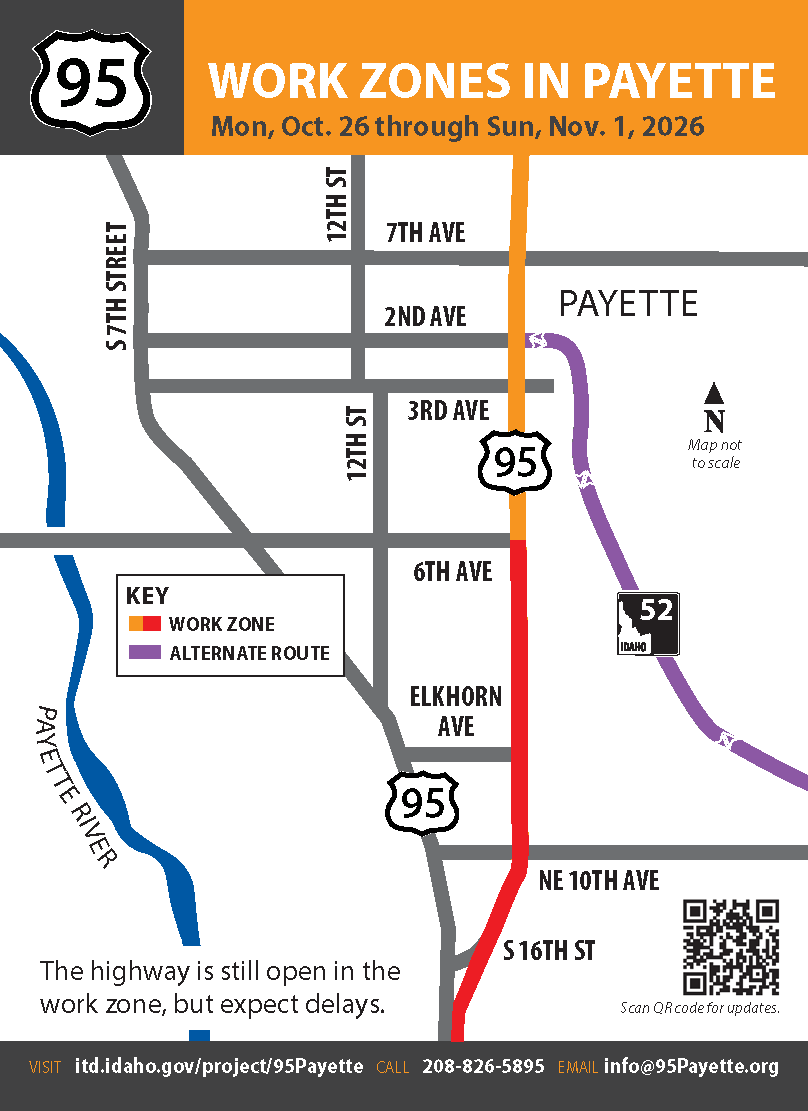 Map of Payette with US-95 labeled as a work zone and SH-52 highlighted as the detour route.