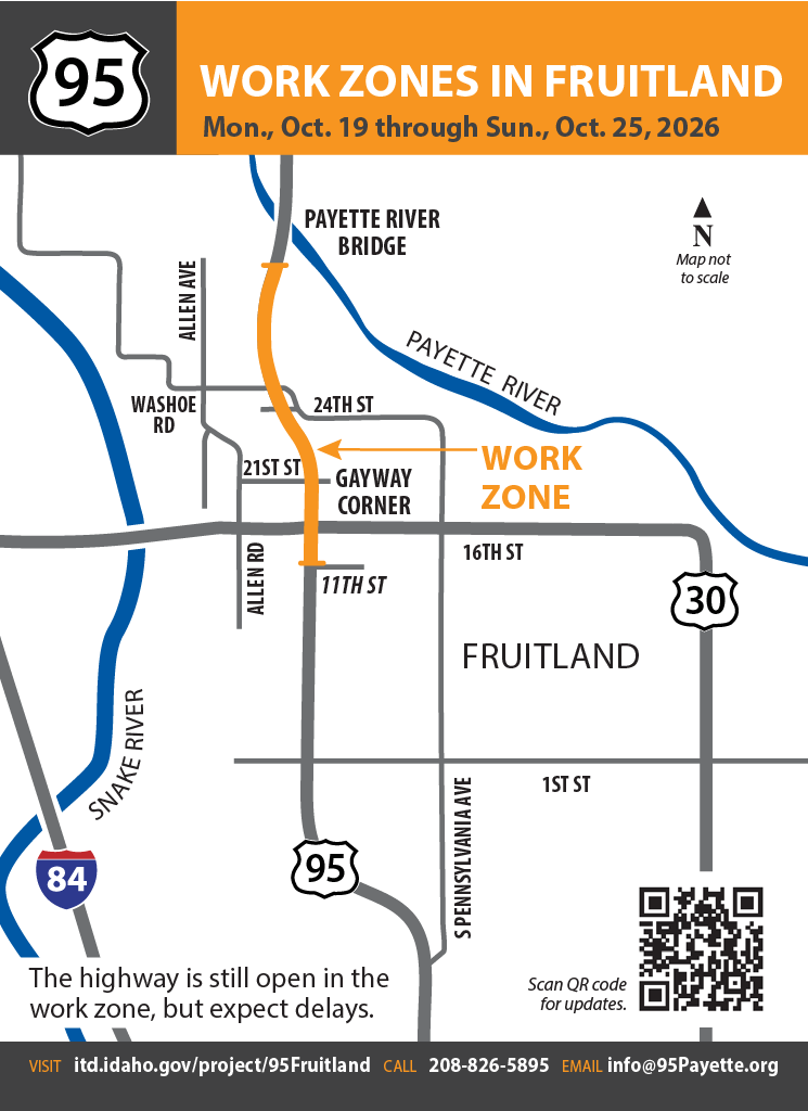 Map of Fruitland with US-95 between 11st St and south end of Payette River Bridge highlighted and labeled "work zone".