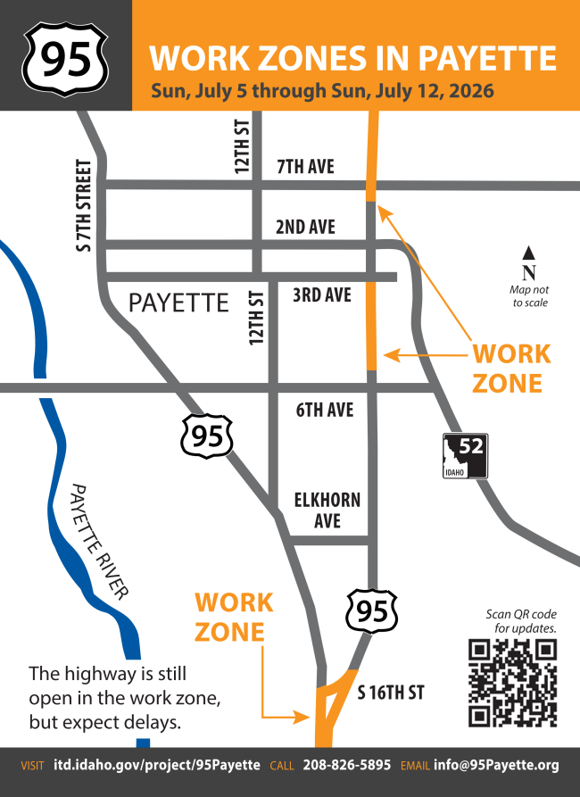 Map of Payette with US-95 work zones highlighted.