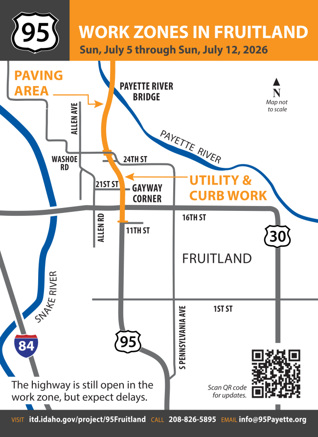 Map of US-95 in Fruitland with "paving area" and "utility & curb work" highlighted and called out.