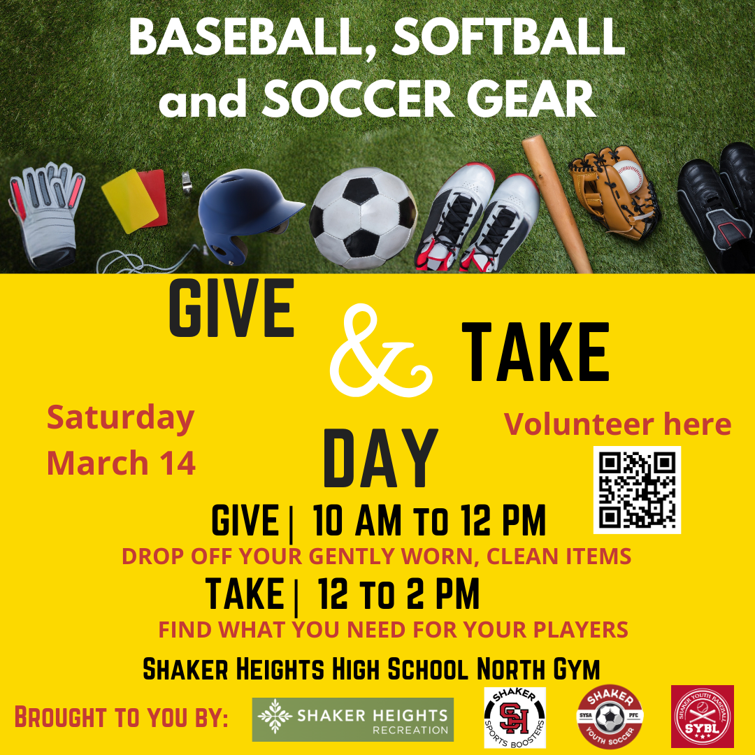 Give and Take Day graphic with pictures of sports equipment.