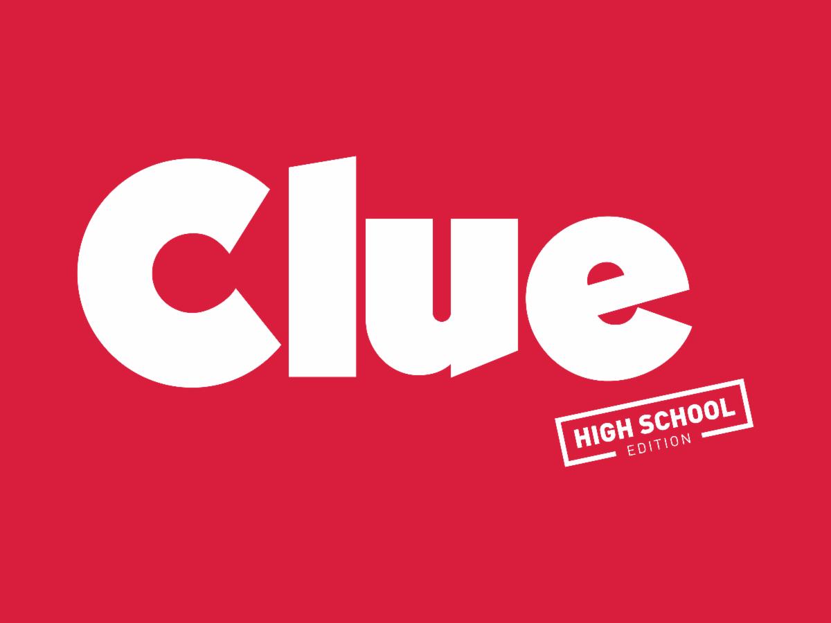 This is a red colored graphic that says "Clue."