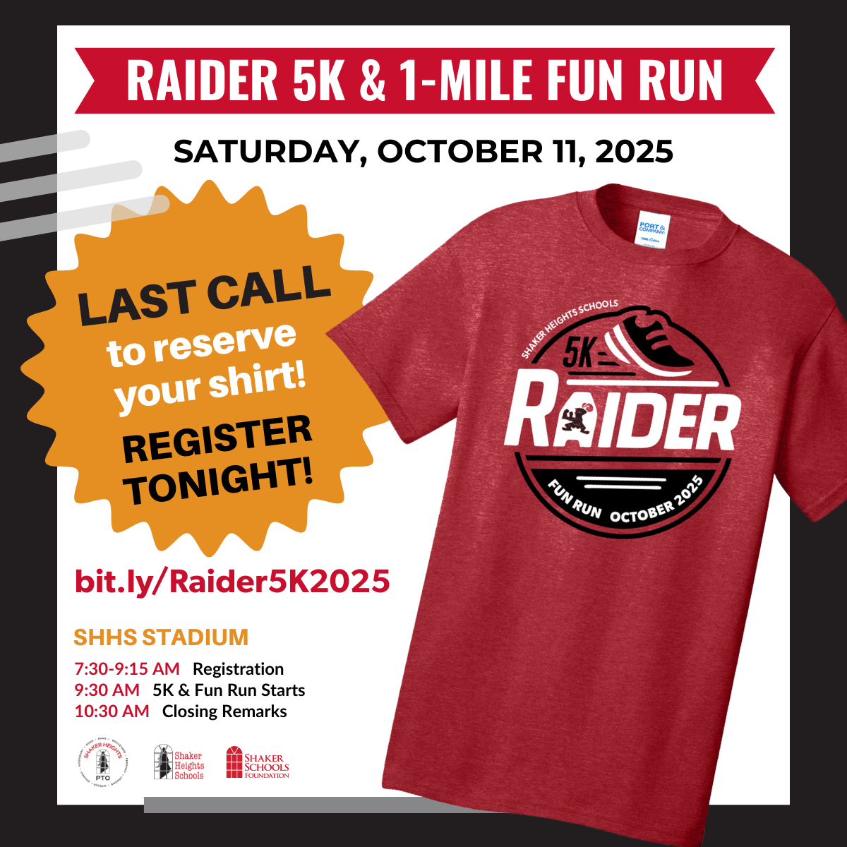 This graphic has a picture of Raider 5K T-shirt.