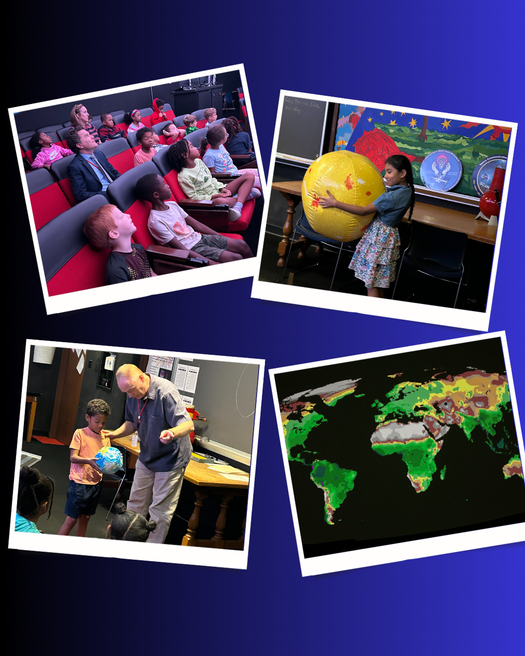 This blue graphic shows four photos of students in the planetarium.