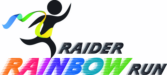 This graphic shows a person running across a finish line and says "Raider Rainbow Run"